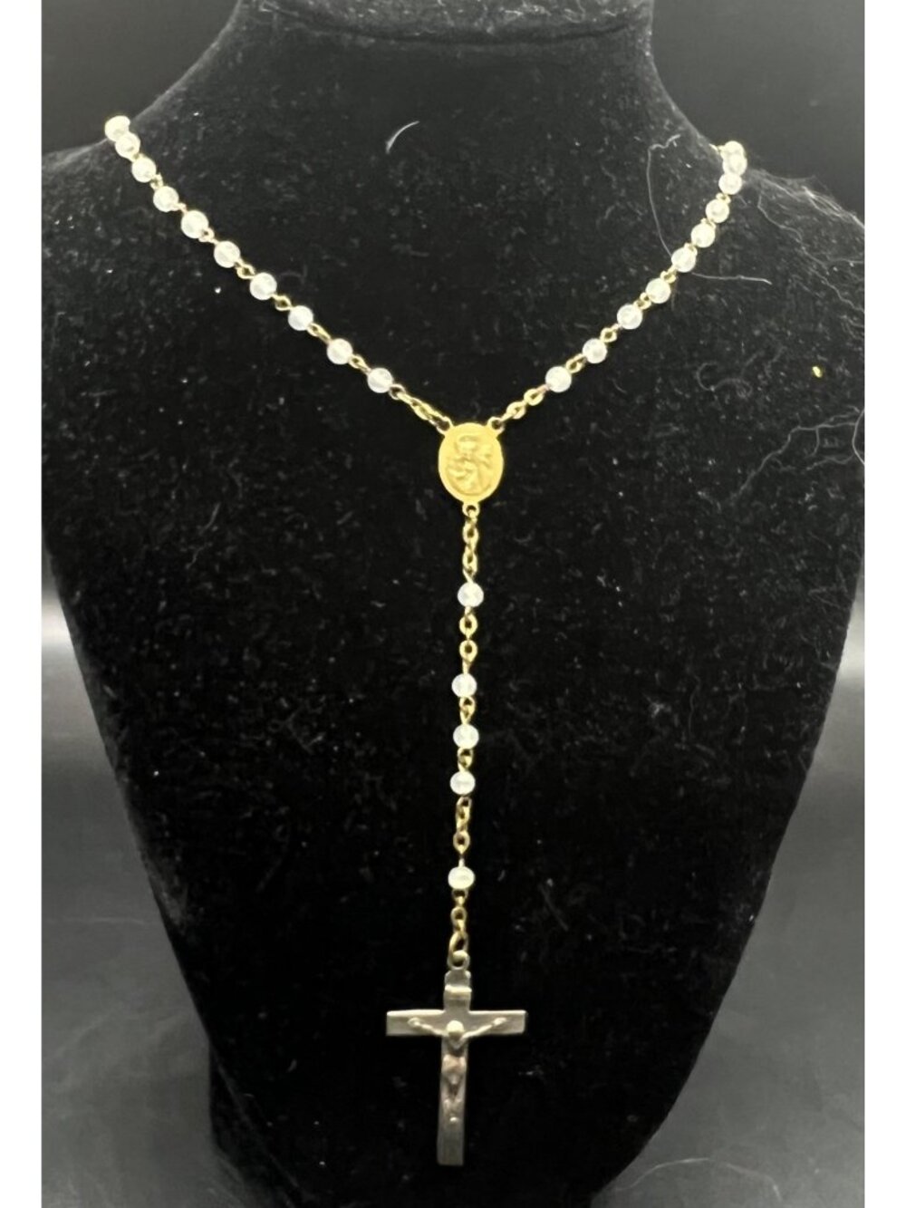 Vintage Gold Pearl Rosary Necklace Crucifix Religious Medal Catholic Jewelry